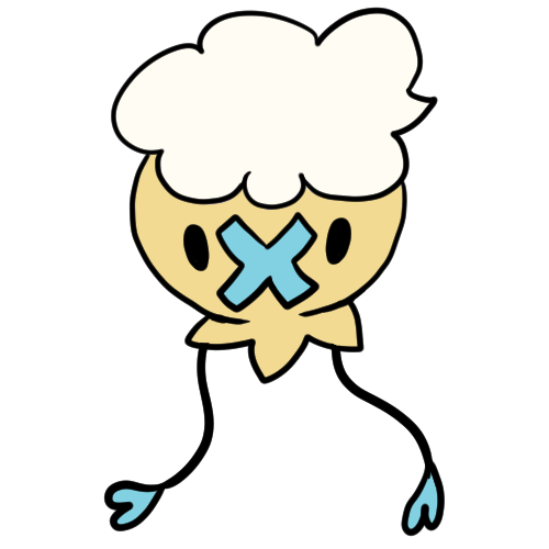 A drawing of the Pokémon Drifloon but it’s yellow instead of purple and its accent colour is blue instead of yellow.